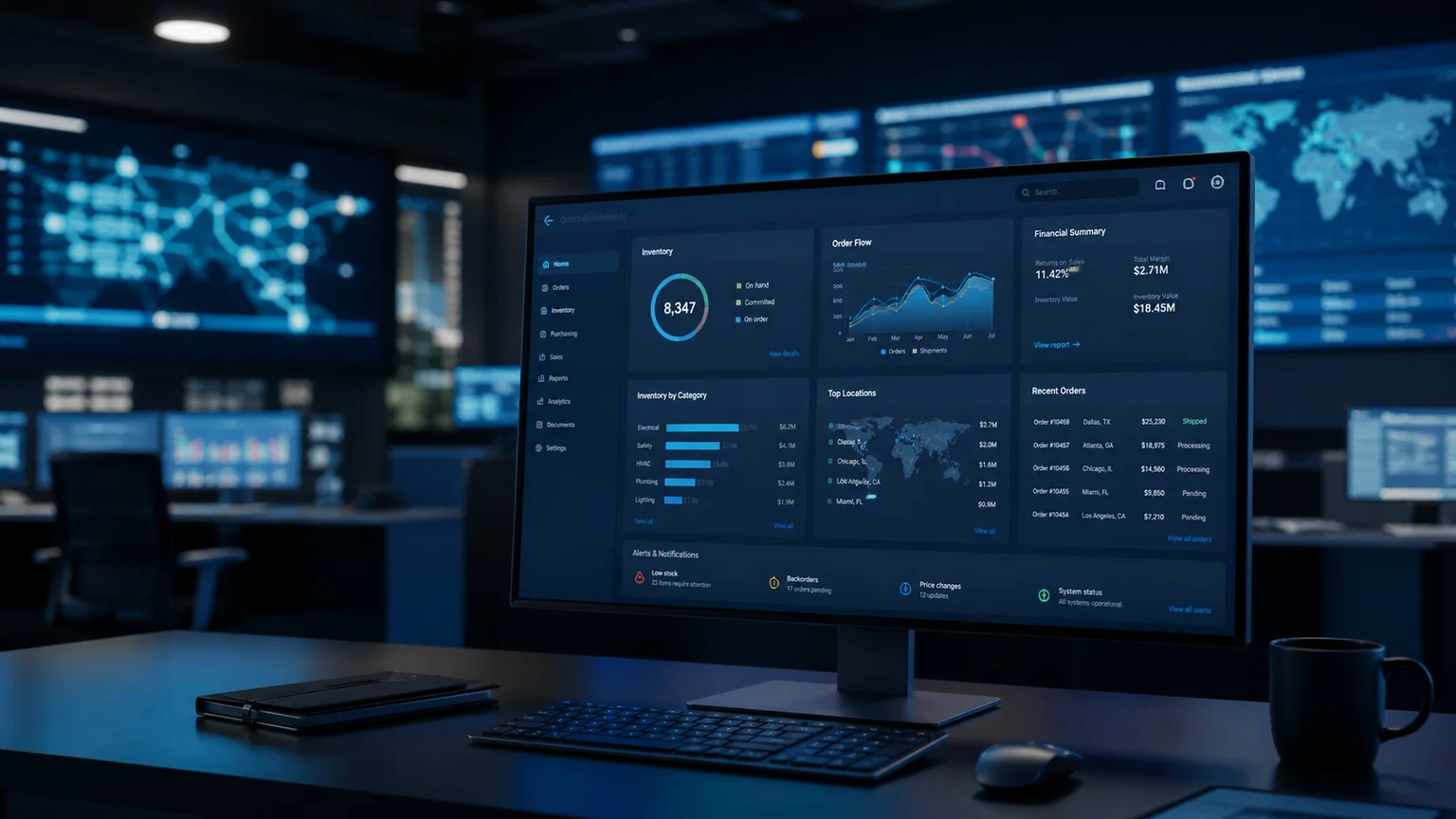 Koncept vizual i ERP dashboard në një qendër operative enterprise